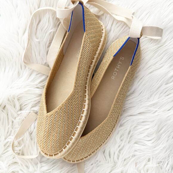 ROTHY'S | The Espadrille Gold Stripe Ballet Ankle Lace Wrap Tie Ivory | Size 9 - Picture 9 of 9